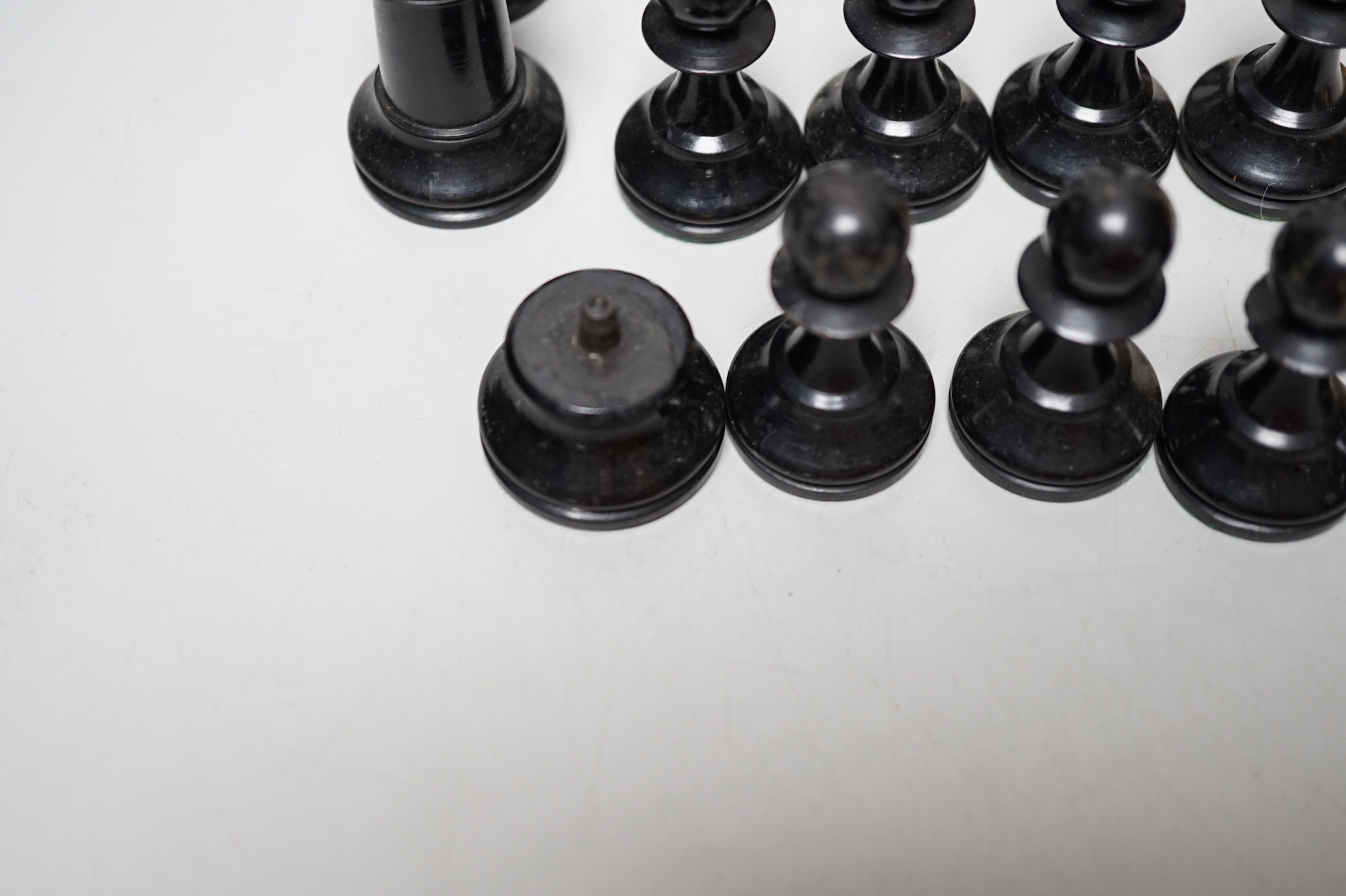 A Staunton pattern lead weighted part boxwood and ebony chess set, kings 8.3cm high (incomplete, lacking both black knights)